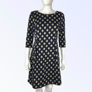 Boden Dress Gold Metallic & Navy Blue Polka Dot Holiday Knee Length